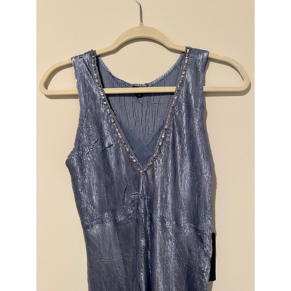 Komarov Blue Crinkle Pleated Sequin V-Neck Handkerchief Hem Midi Dress NWT L - Picture 3 of 7